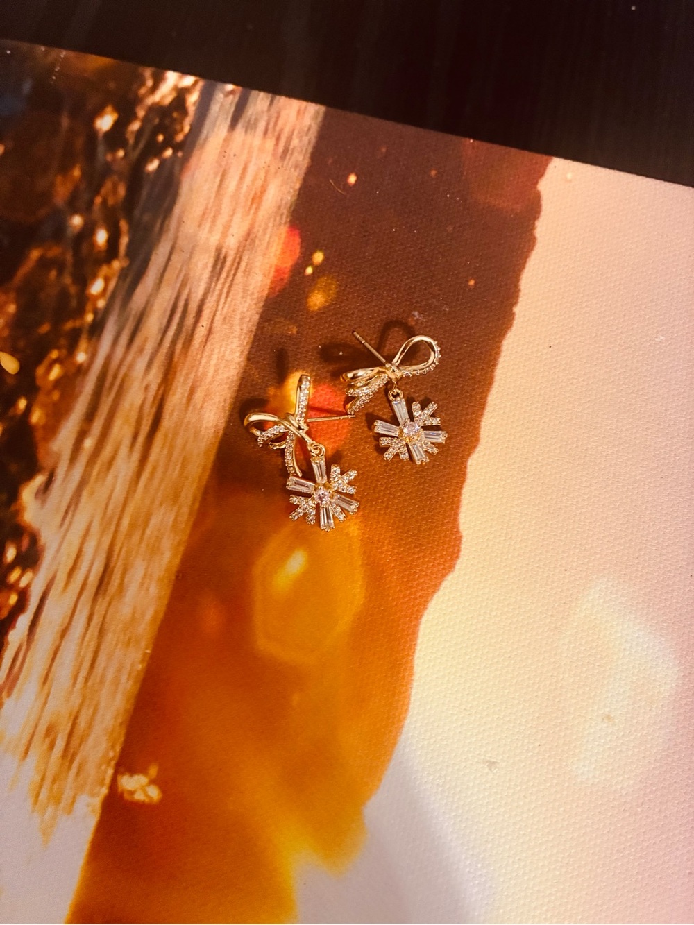 Gold Snowflake Drop Earrings with Bow Accent - Women Jewelry